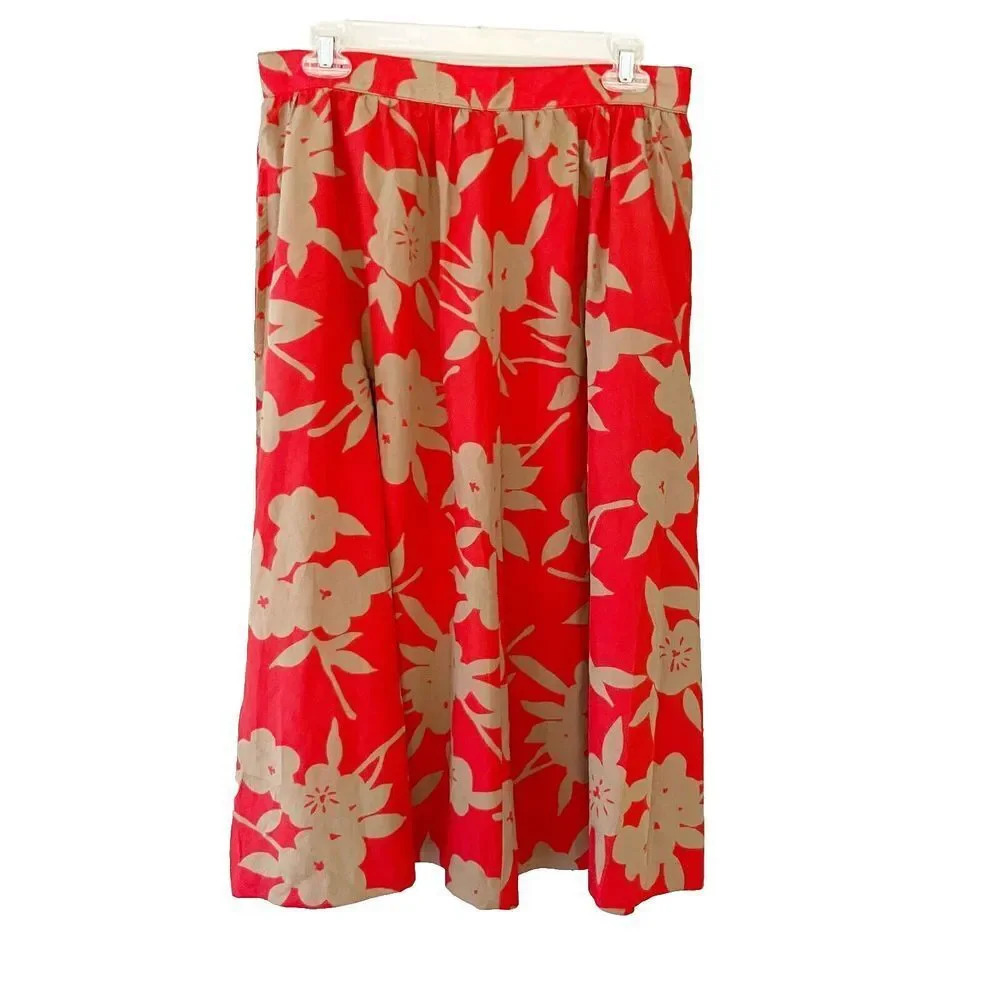 The Villager Womens Red Brown A Line Skirt 16 Classic Floral Pocket Pleated Boho